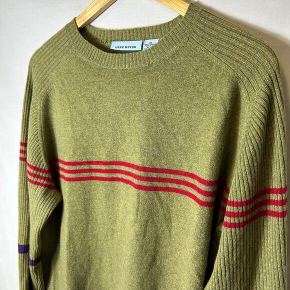 Gene Meyer Olive 100% Cashmere Red Blue Striped Crewneck Sweater Size XL - Picture 4 of 10